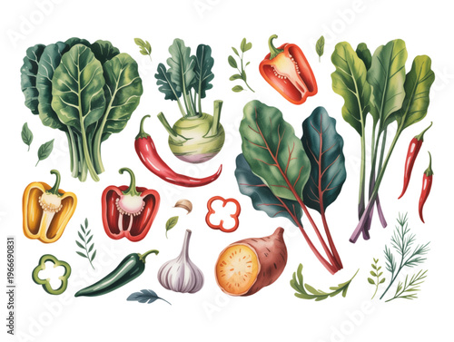 Large watercolor vegetable collection with swiss chard bell pepper chili garlic and sweet potato on white background