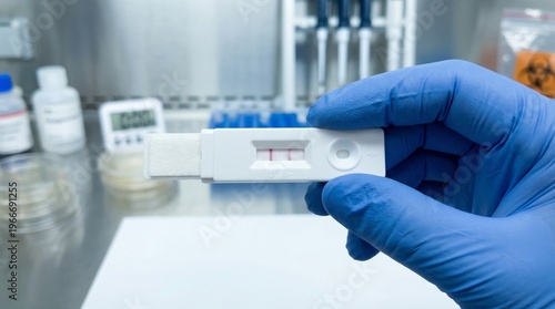 Professional Hand in Blue Glove Holding a Positive Rapid Diagnostic Test Cassette Showing Two Red Lines in a Medical Laboratory