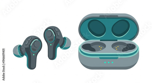 Flat Design Vector Illustration of Modern Wireless Earbuds with Charging Case.
