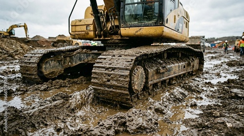 Obraz na płótnie Heavy-duty yellow excavator tracks navigating thick mud at a busy industrial construction site under a grey sky