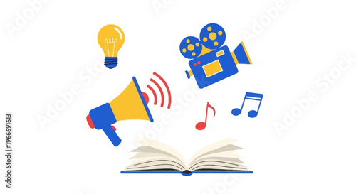 Creative media icons with a lightbulb camera and book on transparent background silhouette