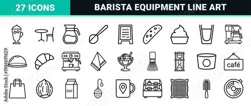 Minimalist Monoline Coffee Culture Icon Set Featuring Geometric Line Art for Modern Specialty Cafes and Barista Equipment Branding