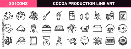 Minimalist Monoline Cacao and Chocolate Production Icon Set Featuring Geometric Line Art for Confectionery Branding and Culinary Design.