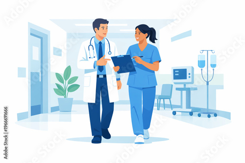 A professional vector illustration of a male doctor and a female nurse walking through a modern hospital corridor while discussing a patient's case. The doctor is wearing a white coat and stethoscope,