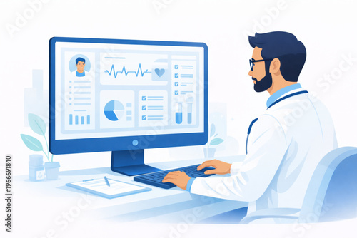 A professional vector illustration of a male doctor working at his desk, analyzing patient data on a large computer screen. The monitor displays medical charts, heart rate monitors, and patient profil