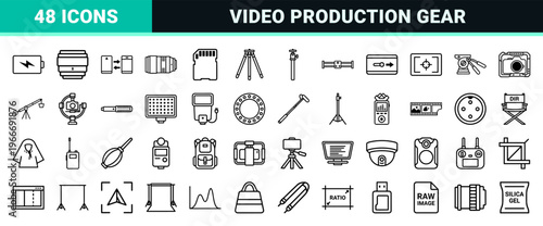 Professional Photography and Cinematography Equipment Line Icons featuring Minimalist Monoline Style for Digital Media and Studio Gear.