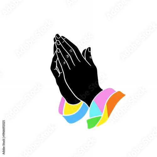 Hands in prayer position with vibrant rainbow watercolor splash background
