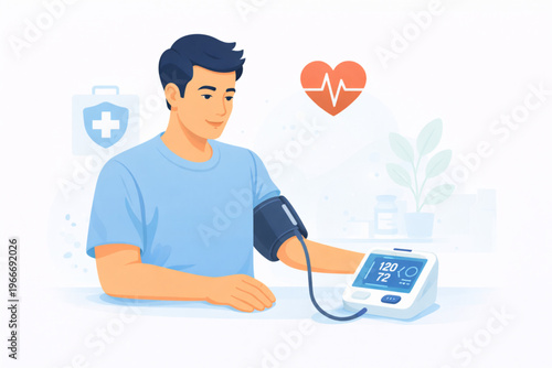 A professional vector illustration of a young man measuring his blood pressure using a digital monitor. The man is sitting calmly with the cuff around his arm, showing a reading on the screen. 