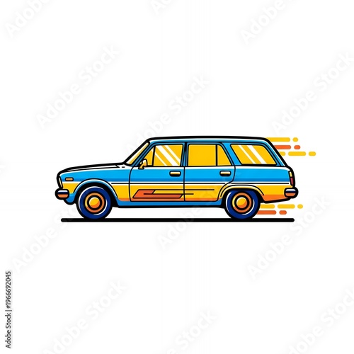 Vintage blue and yellow retro car illustration on white background