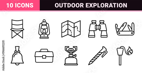Wilderness Adventure and Camping Monoline Geometric Icons featuring Minimalist Outdoor Exploration Gear and Nature Equipment Line Art.