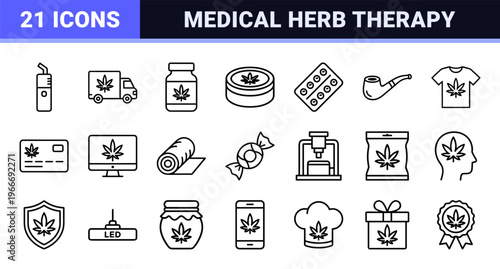 Minimalist Monoline Cannabis and Hemp Wellness Icons. Geometric Line Art for Medical Dispensary and CBD Product Branding.