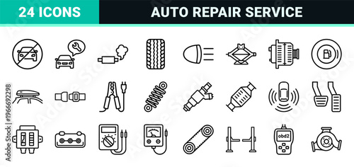Automotive Maintenance and Car Repair Service Minimalist Monoline Geometric Line Art Outline Symbols for Diagnostic Software Interface