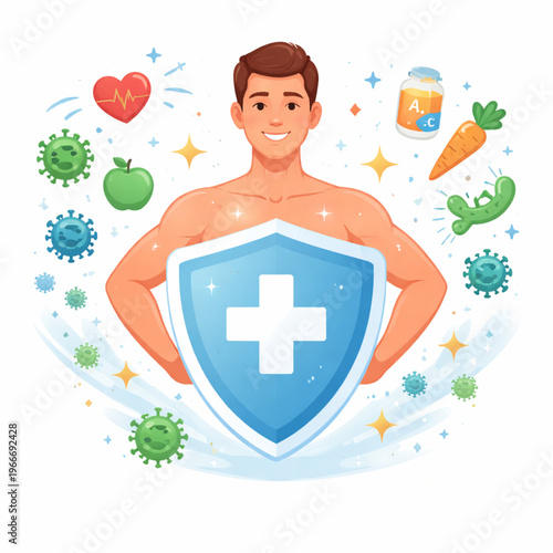 A vibrant vector illustration showing a healthy man protected by a blue medical shield. He is surrounded by icons representing a strong immune system, such as vitamins, fresh fruits like apples 