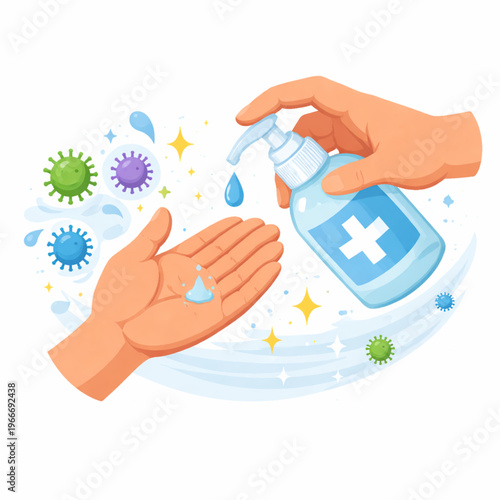 A clean vector illustration showing hands using a hand sanitizer pump bottle to dispense antiseptic gel. The image features colorful virus particles being washed away, symbolizing hygiene, disinfectio