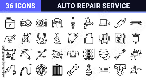 Automotive Service and Car Repair Maintenance Minimalist Monoline Geometric Line Art Outline Symbols for Professional Mechanic Workshop Use