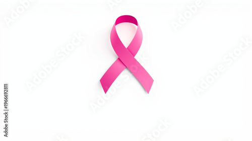 A clean, minimalist image of a pink ribbon isolated on a plain white background. The pink ribbon is the universal symbol for breast cancer awareness, representing hope, support, and solidarity 