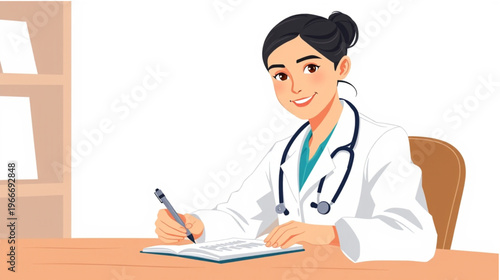 A friendly female doctor illustration in a bright vector style. She is wearing a white lab coat and a stethoscope, smiling warmly while writing in a notebook at her desk. This character represents 