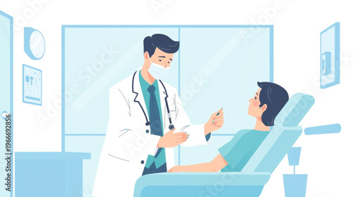 A clean flat illustration depicting a male doctor wearing a face mask and lab coat while examining a patient in a medical clinic. The scene represents a professional checkup, vaccination, or diagnosti