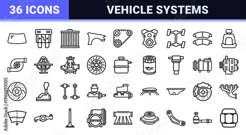 Automotive Engineering and Car Parts Maintenance Minimalist Monoline Grid Set for Professional Technical Diagrams and Service Manuals.