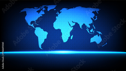 Blue world map silhouette with binary code background representing global data, innovation and digital technology
