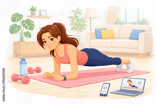 A modern flat illustration of a young woman performing a plank exercise on a pink yoga mat at home. She is following an online workout on her laptop, with dumbbells, a water bottle, and a cozy living 