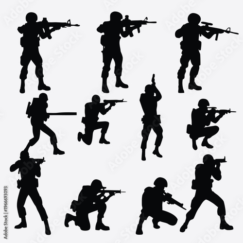 Dynamic collection of armed military personnel silhouettes in various combat and tactical stances