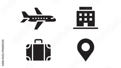 Travel Icons Set Airplane Hotel Suitcase Location Pin Minimal Vector Tourism Symbols on Transparent Background