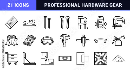 Woodworking Equipment and Carpenter Gear Monoline Design; Minimalist Geometric Line Art for Commercial Construction and Repair Utility.