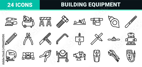 Carpentry Tools and Construction Equipment Minimalist Monoline Icons. Geometric Line Art for Industrial Woodworking and Building Projects.