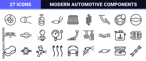 Automotive Features and Vehicle Parts Minimalist Geometric Line Art for Modern Car Diagnostics and Transportation Maintenance Interfaces.