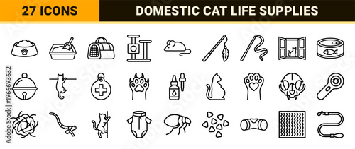 Minimalist Feline Care and Cat Health Monoline Icons. Geometric Line Art for Pet Services, Veterinary Clinics, and Kitten Supplies.