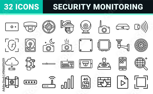 Security Surveillance and CCTV Monitoring Minimalist Monoline Geometric Line Art for Commercial Safety and Digital Video Recording Systems