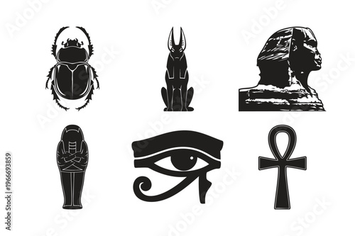 Silhouette egyptian mythology symbols anubis sphinx eye ankh bundle.
