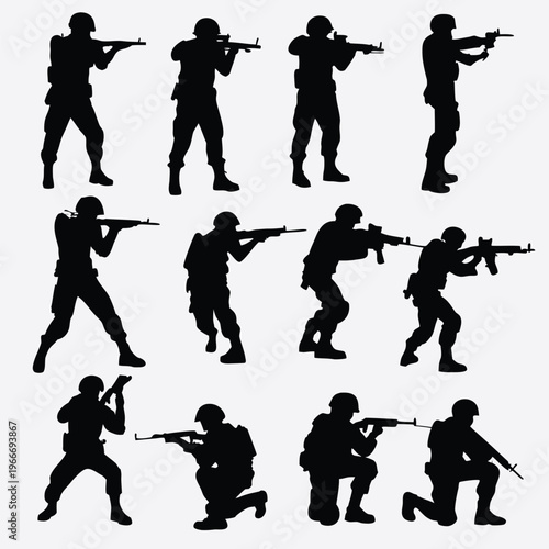 Military soldiers in various tactical stances holding firearms, ready for combat and security operations
