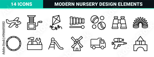 Children's Toy Line Icons Featuring Minimalist Monoline Aesthetic for Early Childhood Education and Commercial Playroom Branding Design.