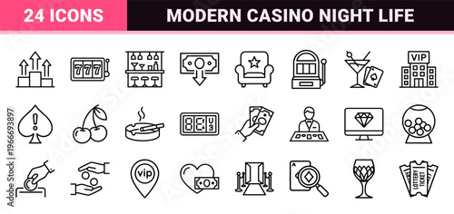 Luxury Casino Gambling and Sports Betting Minimalist Monoline Outline Icon Set for High-End Digital Interface and Commercial Design