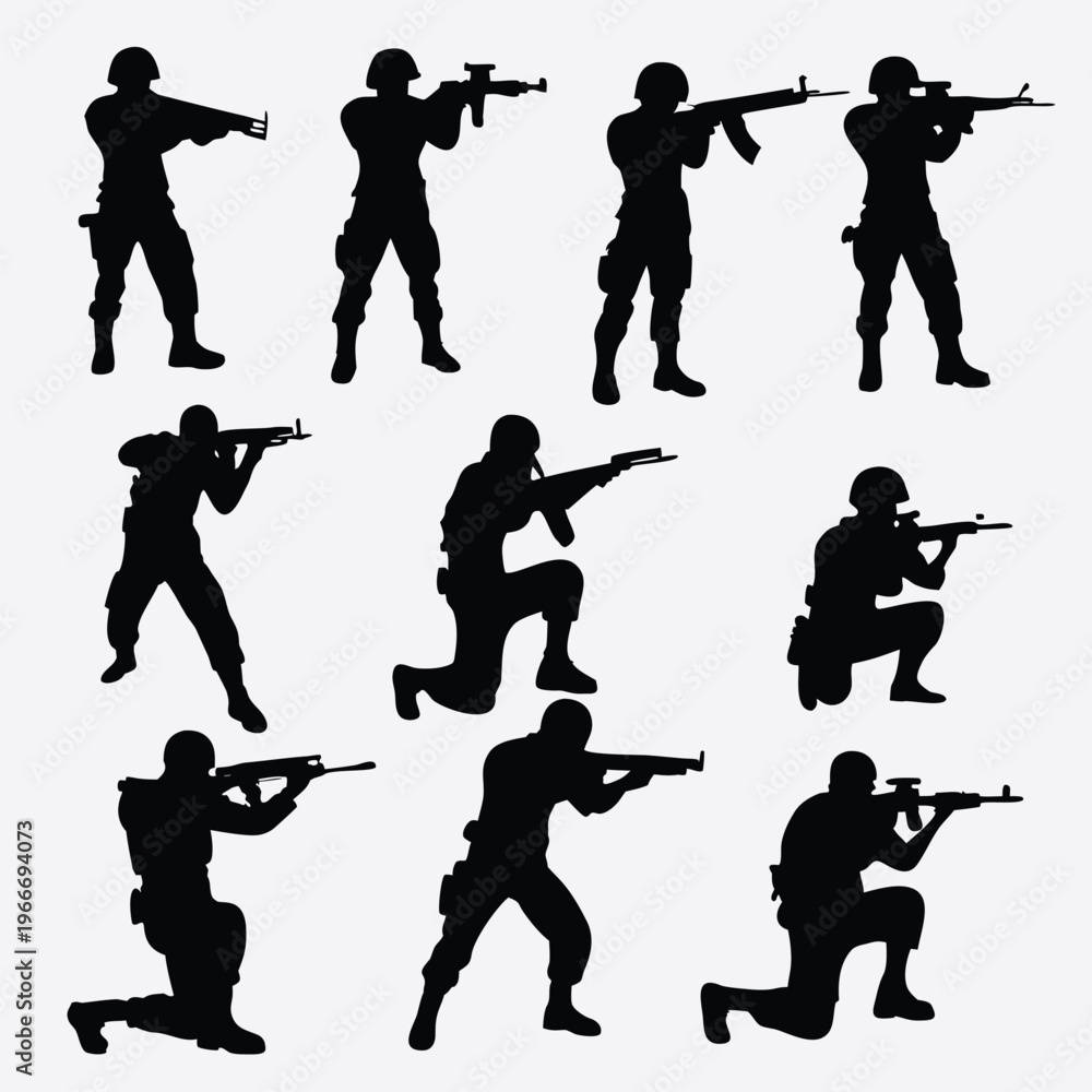 Obraz premium Set of army soldier silhouettes aiming rifles demonstrating various military action poses