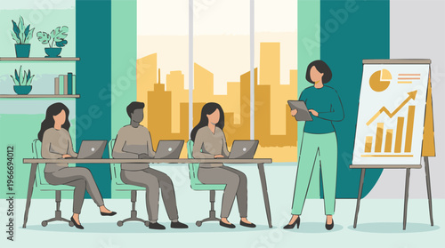 Professional team collaborating during a business presentation in a modern office