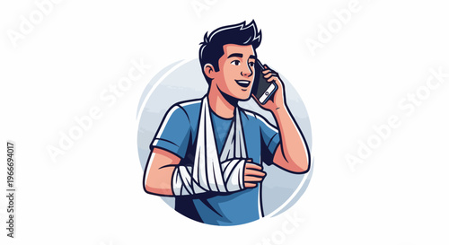 Young man with injured arm in sling talking on cell phone, smiling