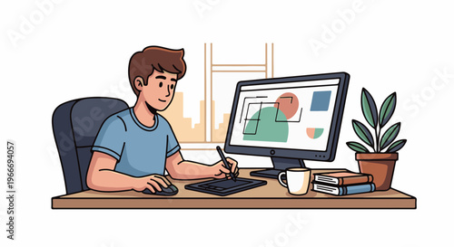 Young person at desk using computer, drawing tablet, and mouse