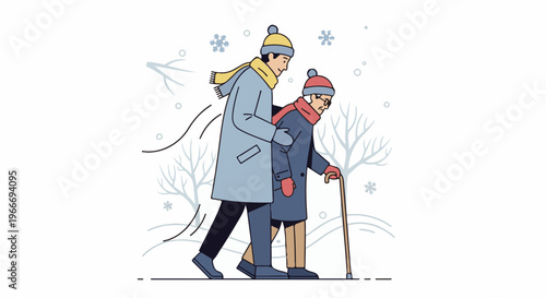 Young person helps elder walk in winter snow with trees