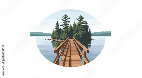 Wooden pier leads to a wooded island on a serene lake