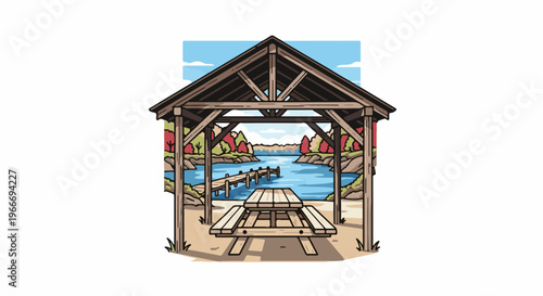 Wooden shelter with picnic table overlooks a tranquil lake and autumn trees