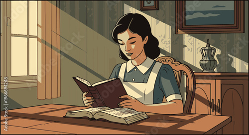 Young woman engrossed in reading a book in a sunlit room