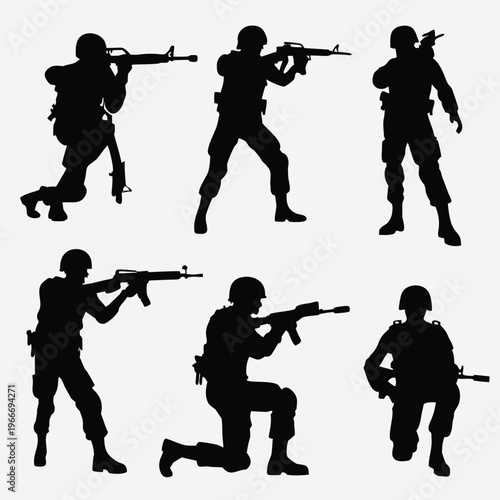 Six military soldiers in uniform holding assault rifles in various tactical positions