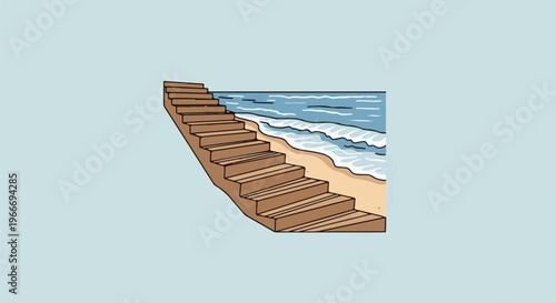 Wooden stairs descend to a sandy beach with gentle ocean waves