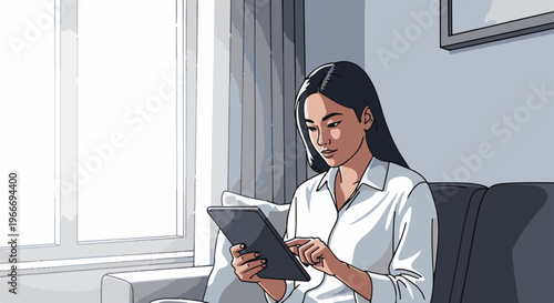 Young woman in white shirt looking at a tablet on a couch