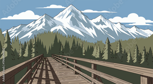 Wooden walkway leads through pine forest to snow-capped mountains under blue sky