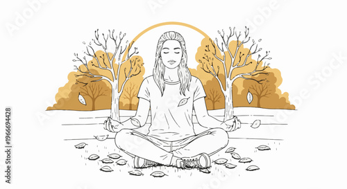 Young woman meditating peacefully outdoors in autumn scenery