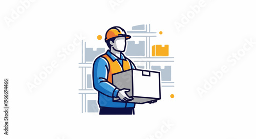 Worker in hard hat carries a box in a warehouse